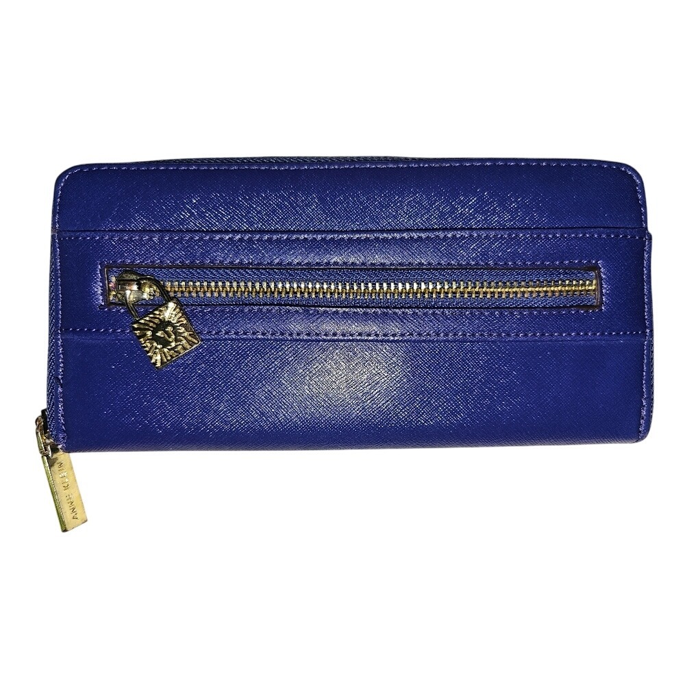 Royal Blue Anne Klein Bifold Zippered Wallet with Gold Hardware and Lock pull.